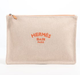 Hermès Yachting Flat MM Canvas Pouch Beige x Orange Silver Metal fittings